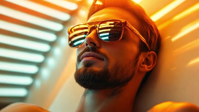 A young man lies back in a modern solarium space, soaking in sunlight through window slats while wearing stylish sunglasses.