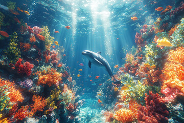Fototapeta premium Dolphin's Coral Reef Serenade - generative AI