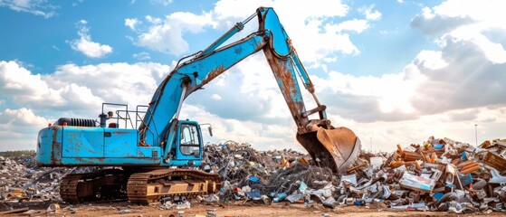 Blue excavator digs in scrap metal under cloudy sky, hinting at storm. Scene likely at metal scrapyard/recycling facility.