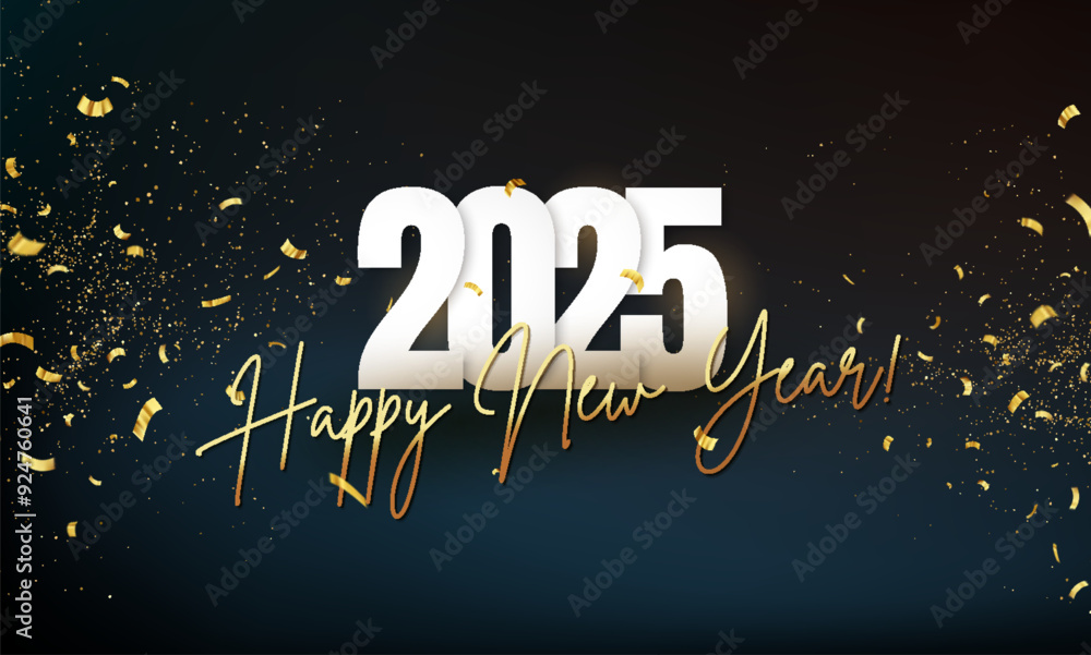Poster 2025 happy new year abstract shiny gold glitter with foil confetti design element