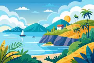 Fototapeta premium Idyllic Coastal Scene with Palm Trees, a House, and a Sailboat