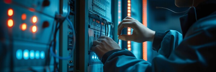 A technician in a data center carefully examines and adjusts servers within a rack cabinet, ensuring optimal performance of technical systems.