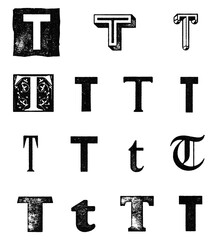 Letter T typography set of characters in various styles with distressed eroded texture isolated on transparent background