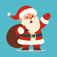 Santa Claus in red suit waving and carrying a sack over his shoulder, set against a light blue background, perfect for holiday and Christmas-themed designs
