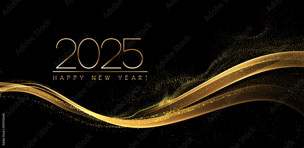 Poster 2025 happy new year abstract shiny gold wave with glitter design elemente