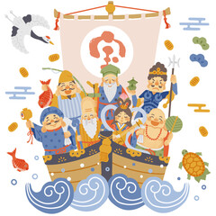 シンプルでかわいい七福神と宝船のイラスト