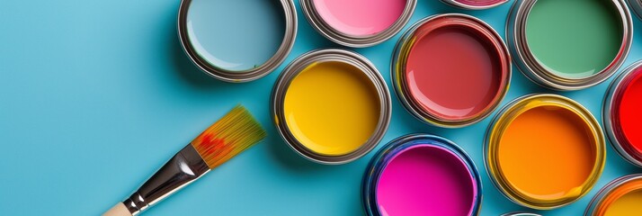 Open paint cans filled with a variety of vivid colors, accompanied by a paintbrush, ready for an exciting and colorful artistic creation.