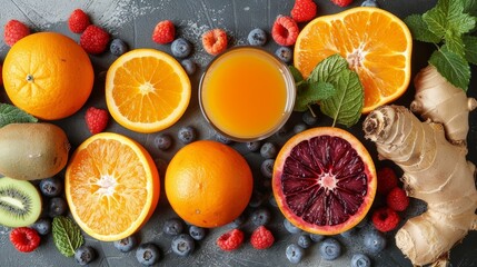 Vibrant assortment of fresh fruits, including oranges, berries, and ginger, arranged beautifully with a refreshing juice in the center.