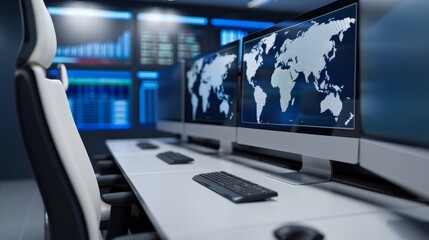 Naklejka premium Modern workstation with multiple screens displaying world maps and data analytics in a high-tech environment.