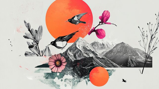 Minimal collage art blending geometric shapes and nature elements contrasting monochrome and vibrant hues serene modern aesthetic dynamic visuals captivating design