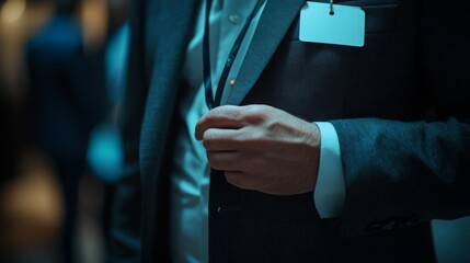 Businessman Adjusting His Name Tag at a Conference
