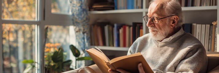 An elderly man wearing glasses enjoys reading a book while sitting in a cozy chair in a sunlit room, surrounded by a bookshelf and plants.