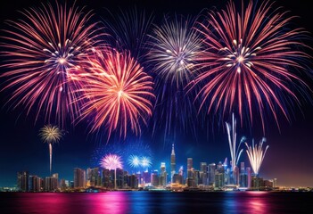 vibrant fireworks lighting nighttime skyline colorful explosions dark sky, display, illumination, celebration, festival, beauty, scenery, landscape, show