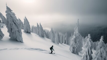 Snowboarder in an extreme jump descends from ski mountain. AI generated.