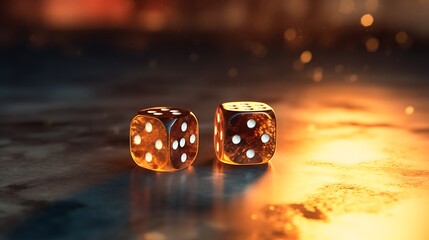 A cinematic close-up of a pair of dice settling after a roll, freezing the moment of uncertainty in tabletop gaming.