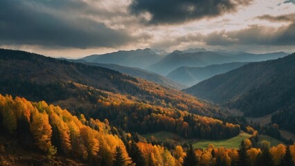 autumn landscape in the mountains, cloudy sky, breathtaking view