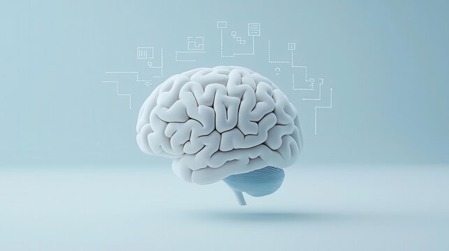 Human brain with methodology blueprints, strategic insight, 3D illustration