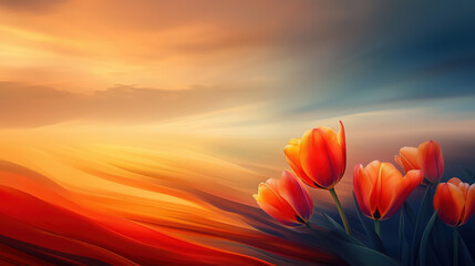Vibrant Tulips Against a Stunning Sunset Horizon