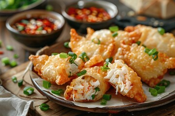 Crispy fried dumplings filled with crab meat and garnished with green onions.