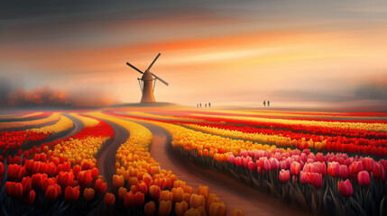 Beautiful Tulip Field At Sunset With Windmill Silhouette