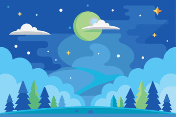 Nighttime Forest Landscape with Abstract Moon and Stars
