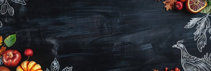 A banner with a chalkboard texture background, designed with chalk - like drawings of Thanksgiving elements and plenty of room for adding personalized messages