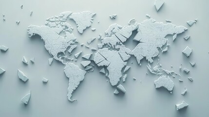 A world map shattered into pieces, each continent drifting in space surrounded by debris, Shattered Earth, Geopolitical Collapse