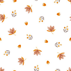 Autumnal floral seamless pattern with berries and leaves