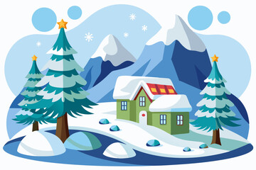 Naklejka premium A snowy winter scene with a house, trees, and mountains