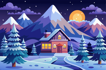 A Cozy Cabin Nestled Among Snow-Capped Mountains Under a Full Moon