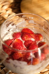 Overnight oats with fresh strawberry and chia seeds, healthy snack or breakfast.