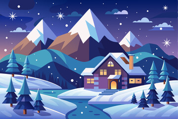 Fototapeta premium A Cozy Cabin Nestled Among Snowy Mountains at Night
