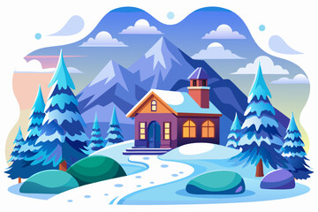 Fototapeta premium Cozy Cottage Nestled in Snowy Mountain Landscape