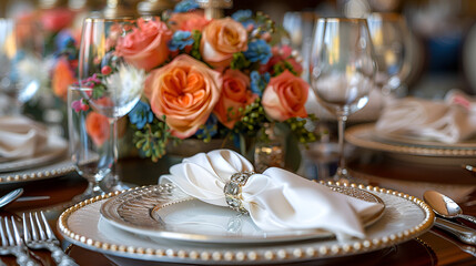 Fototapeta premium a table setting with flowers and glasses