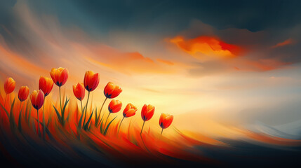 Vibrant Tulips Against a Sunset Skyscape Illustration