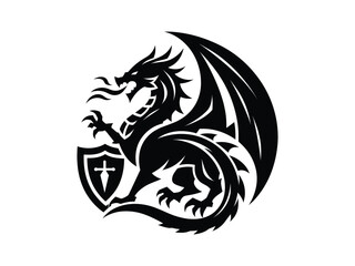 Dragon Shield Silhouette, Dragon Round Vector illustration.