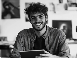 Jovial Young Man with Tablet, Smiling in Studio