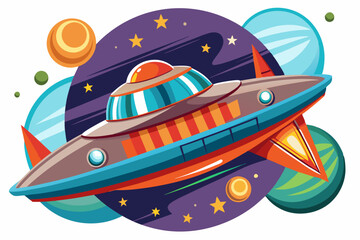 Cartoon Spaceship Flying Through Space With Planets And Stars