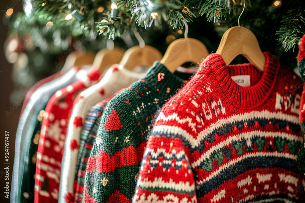 Sticker christmas sweaters hanging on hangers under a christmas tree.