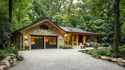Naklejka premium Modern Stone Cabin with a Gravel Driveway.