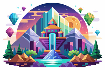 Fototapeta premium Fantasy Cityscape with Diamond-Shaped Hot Air Balloons and a Crystal Palace