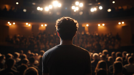 Man Facing Audience on Stage.