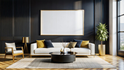 Modern Design Room with Black Walls Decorated with Panels, Sofa and Armchair, White Wall Banner, Palm Tree in Tub, Multi-Colored Pillows, Magazine Slab, Gold Floor Lamp