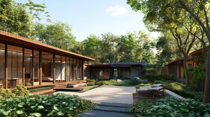 A modern, wooden house with large windows overlooking a tranquil garden with a gravel pathway, lush greenery, and comfortable lounge chairs.