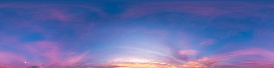 Sunset sky with bright glowing pink Cirrus clouds. Seamless spherical HDR 360 panorama. Full zenith or sky dome in 3D, sky replacement for aerial drone panoramas. Climate and weather change.