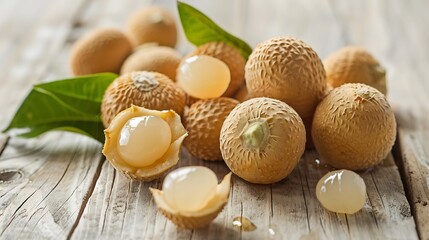 Close up view of a small pile of longan fruits arranged on a light wooden surface with some peeled to show translucent juicy flesh and a few green leaves