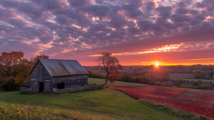 A tranquil autumn sunset over a farm, with the sky ablaze in shades of pink and orange, and the fields glowing with the last light of day.