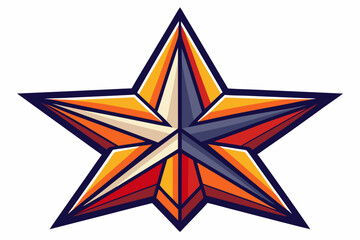A five-pointed star with a geometric pattern in orange, red, and blue shades.