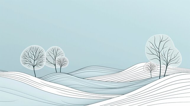 A minimalist line art drawing of whimsical trees and hills, resembling a peaceful landscape sketched with a single flowing line on a sky-blue background.