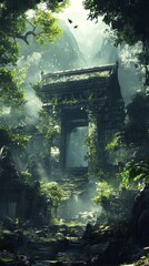 Naklejka premium Mystical Ancient Temple: A Shrine Enveloped in Mist and Vines within a Dense Forest, Anime-Style Fantasy Exploration,Anime style, storybook illustrations, comic strips, book illustrations and picture 